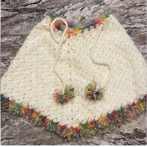 Kids White Crochet Poncho with Rainbow Trim